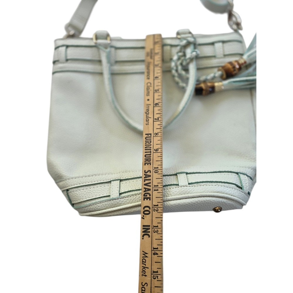 Pebbled Leather Tote Bag Mint Green Bamboo Tassel Crossbody Handbag - Picture 11 of 11
